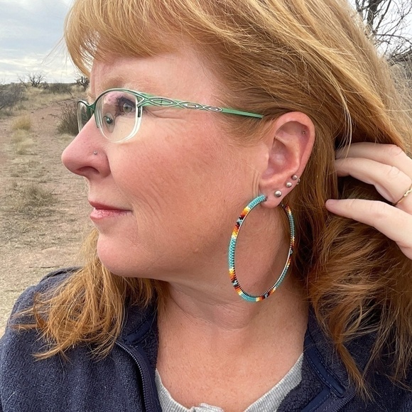 Turquoise with Native Colors Beaded 3” Hoops, New, Handmade by Me - Picture 9 of 9